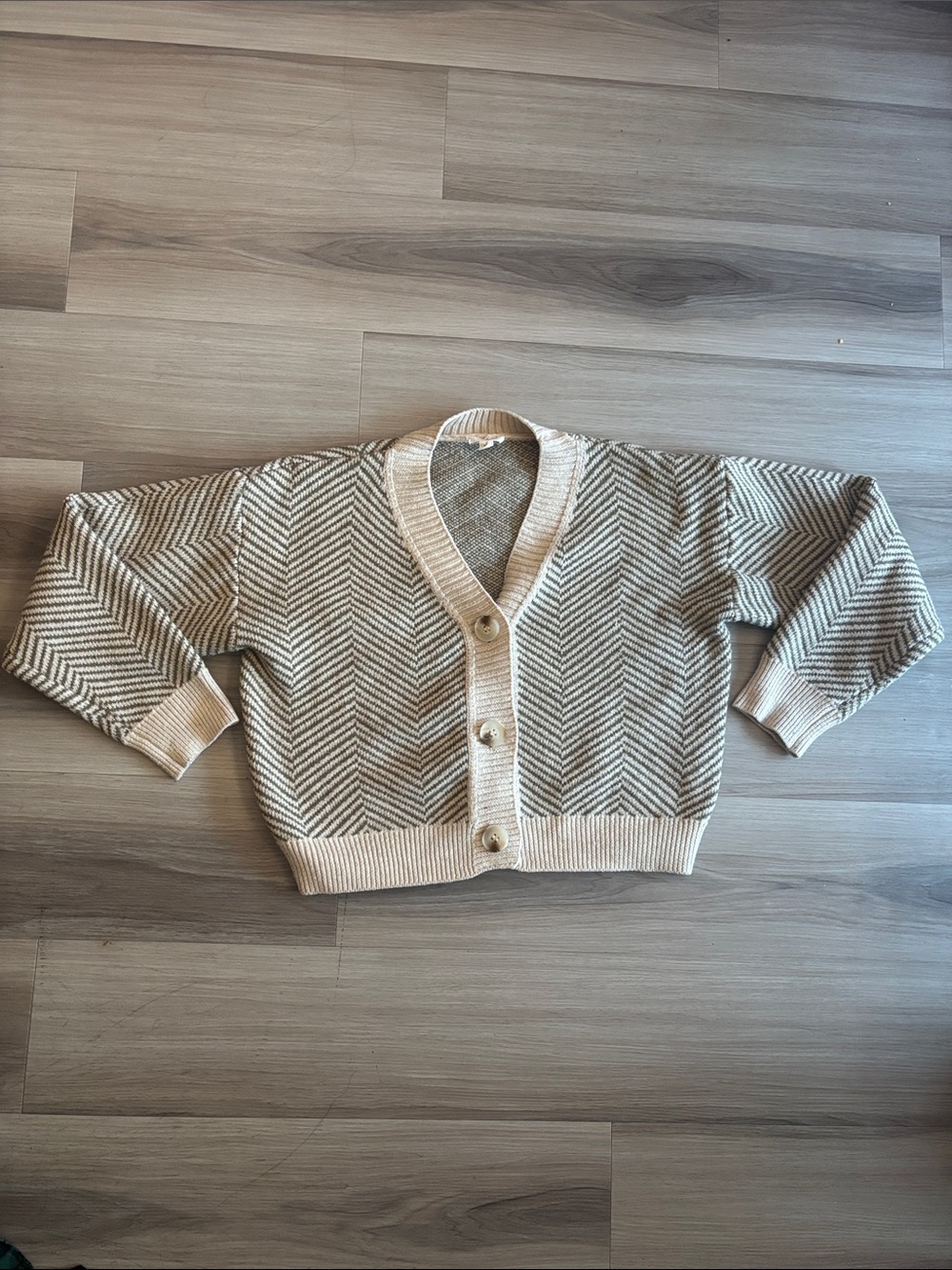 Hem & Thread Chevron Knit Button-Front Cardigan - Cream & Tan